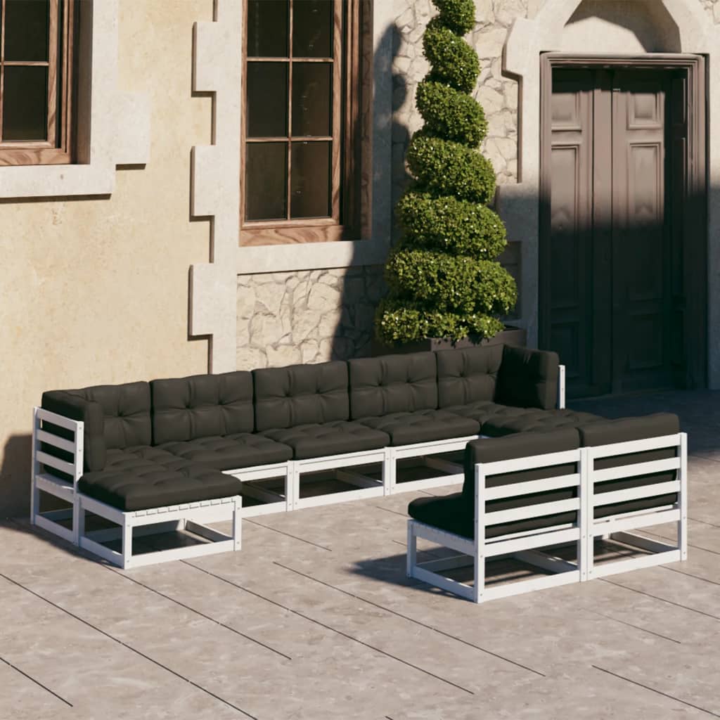 9-tlg. Garten-Lounge-Set mit Kissen Weiss Kiefer Massivholz